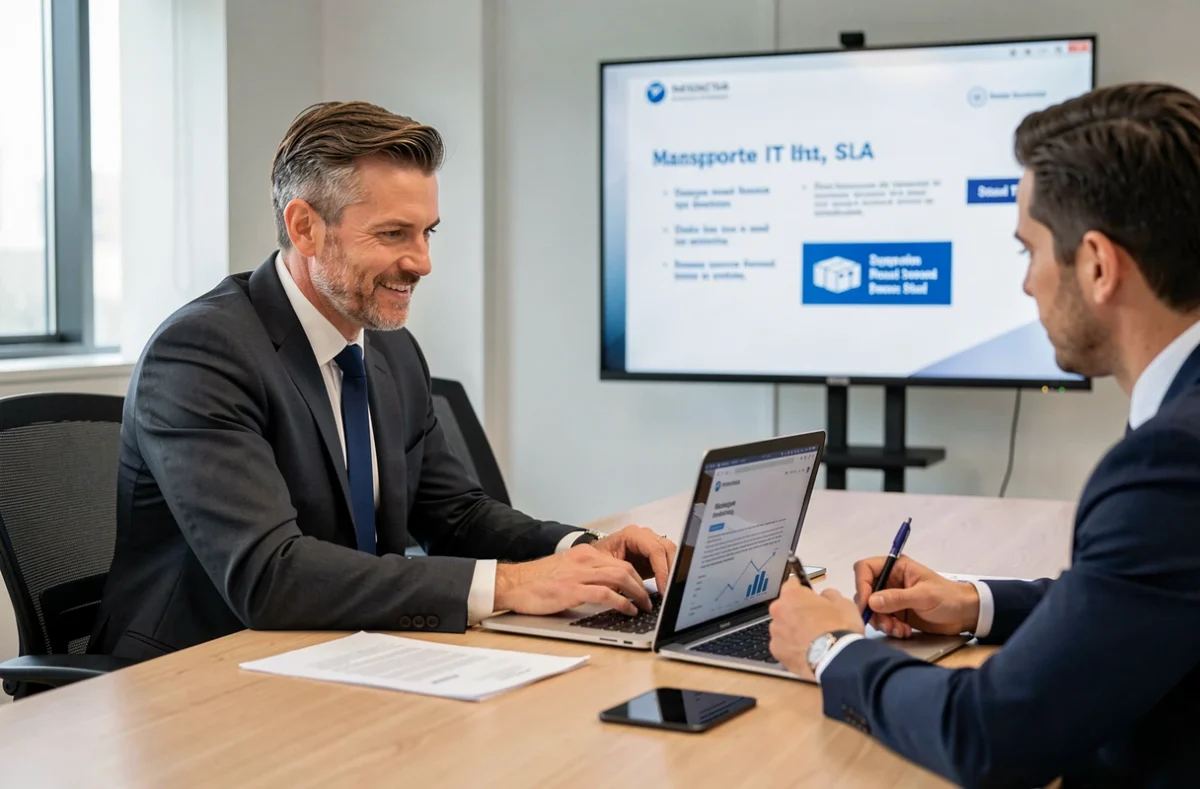 Consultant de SOS Futur Pro en réunion avec des dirigeants d'entreprise pour présenter des solutions informatiques professionnelles