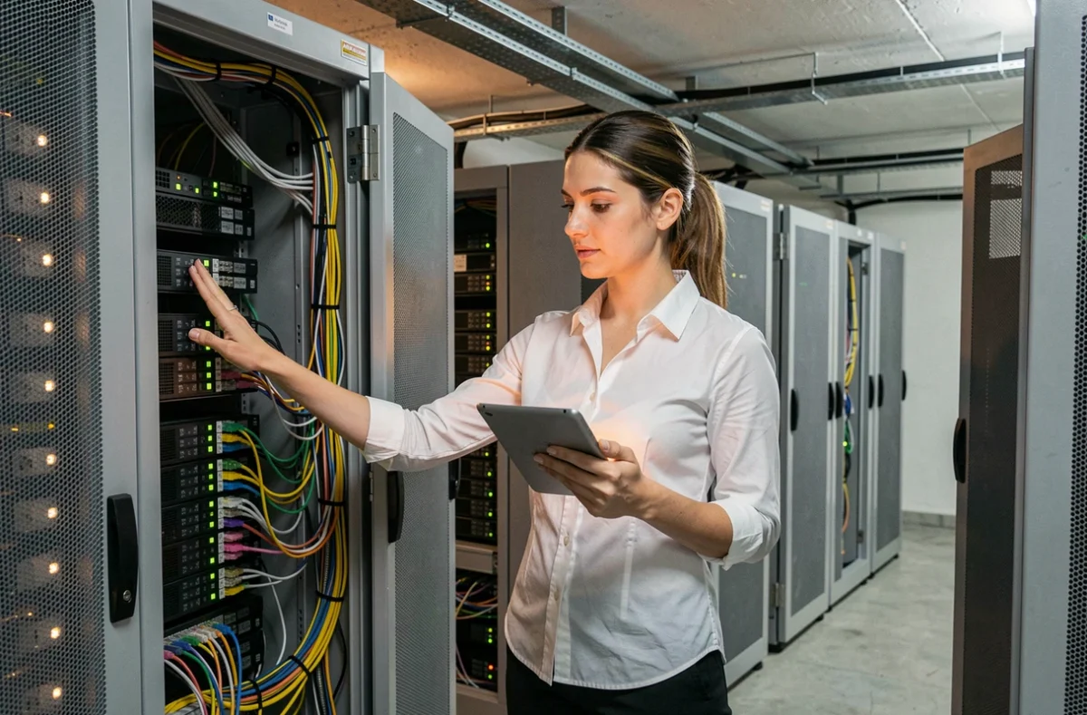 Spécialiste informatique féminine inspectant un rack serveur dans un datacenter pour évaluer un hébergeur WordPress