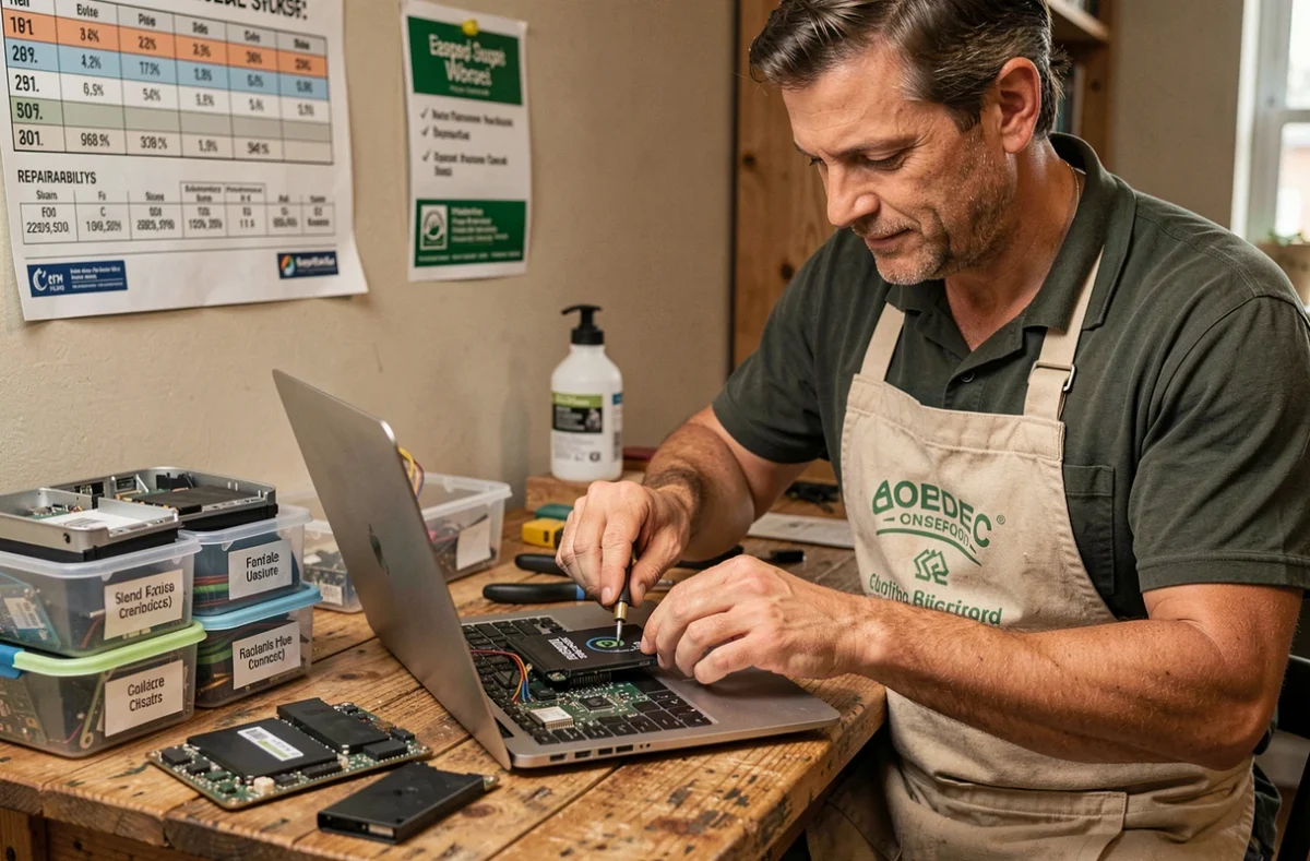 Réparateur indépendant de Taktik Informatique démontant un ordinateur portable pour une réparation durable et engagée