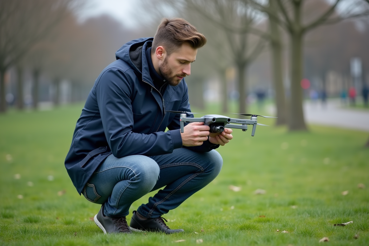 Jeune technicien inspectant un drone dans un parc