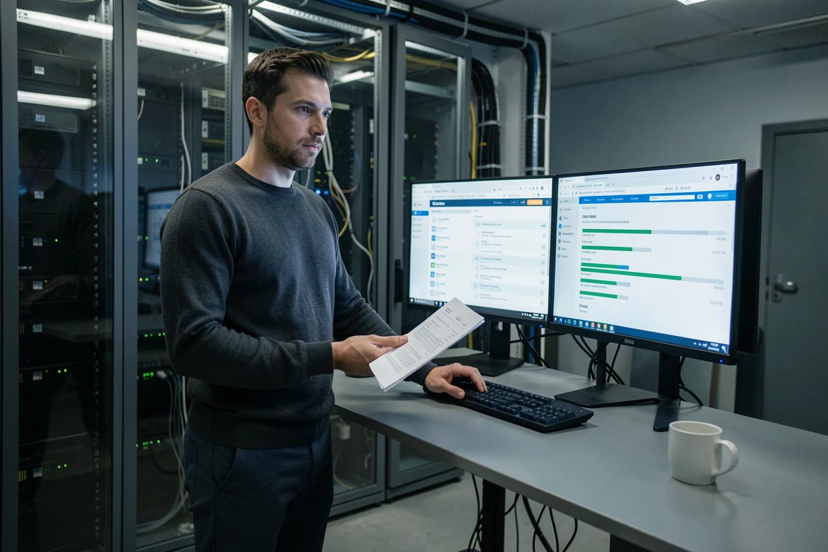 Technicien informatique gérant un traitement OCR de documents PDF dans un environnement cloud sécurisé sur double écran