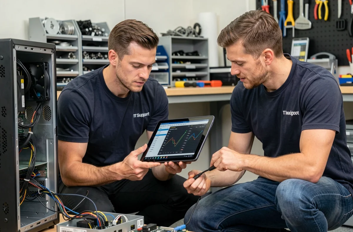 Deux techniciens support informatique effectuant la maintenance d'un ordinateur fixe dans une salle dédiée à la gestion du parc