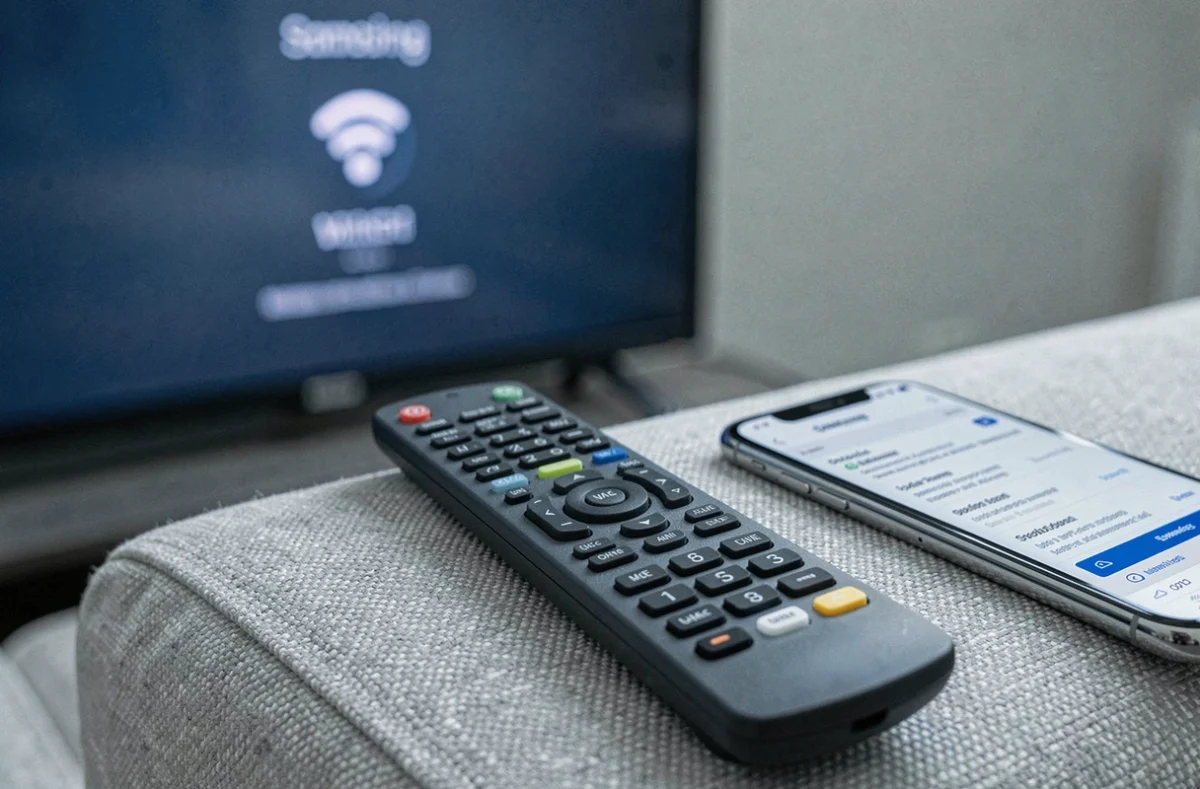 Télécommande Samsung posée sur un canapé avec le menu paramètres WiFi visible sur la TV en arrière-plan