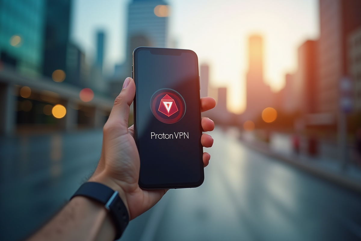 Main tenant un smartphone connecté à ProtonVPN en déplacement