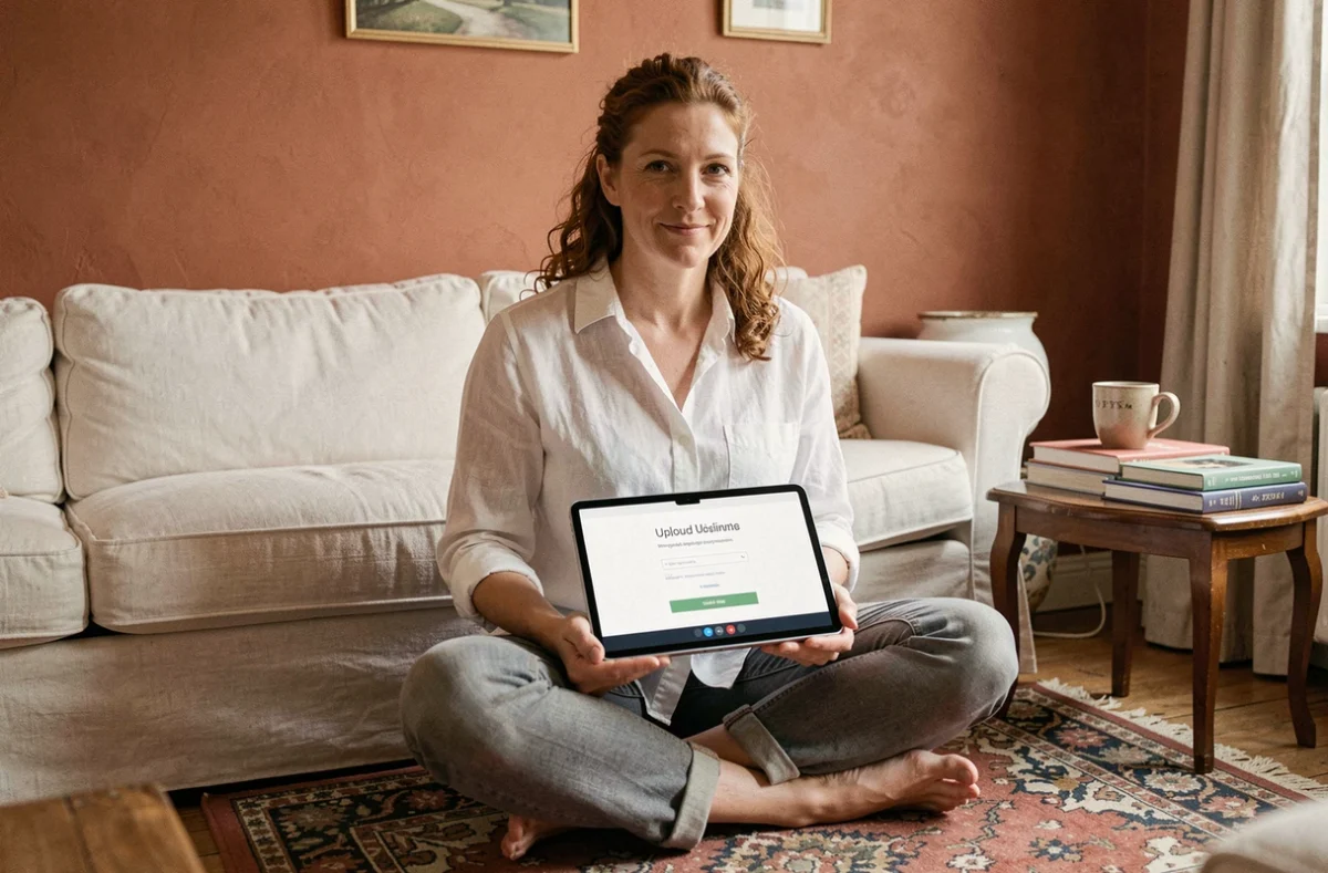Femme en télétravail à domicile utilisant une tablette pour envoyer des fichiers via SwissTransfer dans un salon chaleureux et authentique