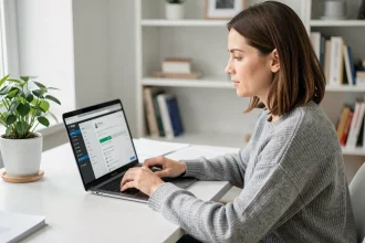 Femme en télétravail utilisant un service de transfert de fichiers en ligne sur son ordinateur portable dans un bureau à domicile minimaliste