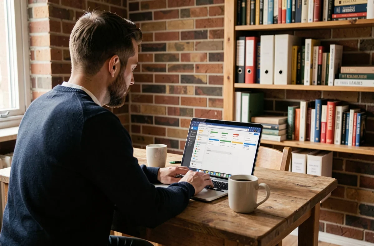 Homme travaillant depuis chez lui sur une interface webmail avec des dossiers bien organisés sur son ordinateur portable