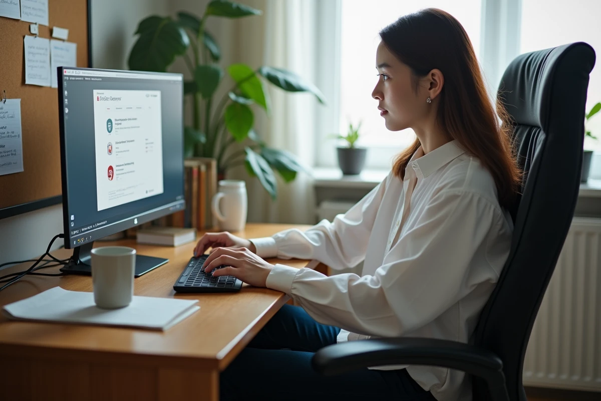 Jeune femme mesurant sa vitesse de clic sur un site de test CPS depuis un bureau étudiant
