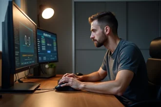 Homme concentré cliquant rapidement sur une souris gaming lors d'un test de vitesse de clic sur PC