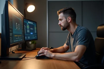 Homme concentré cliquant rapidement sur une souris gaming lors d'un test de vitesse de clic sur PC