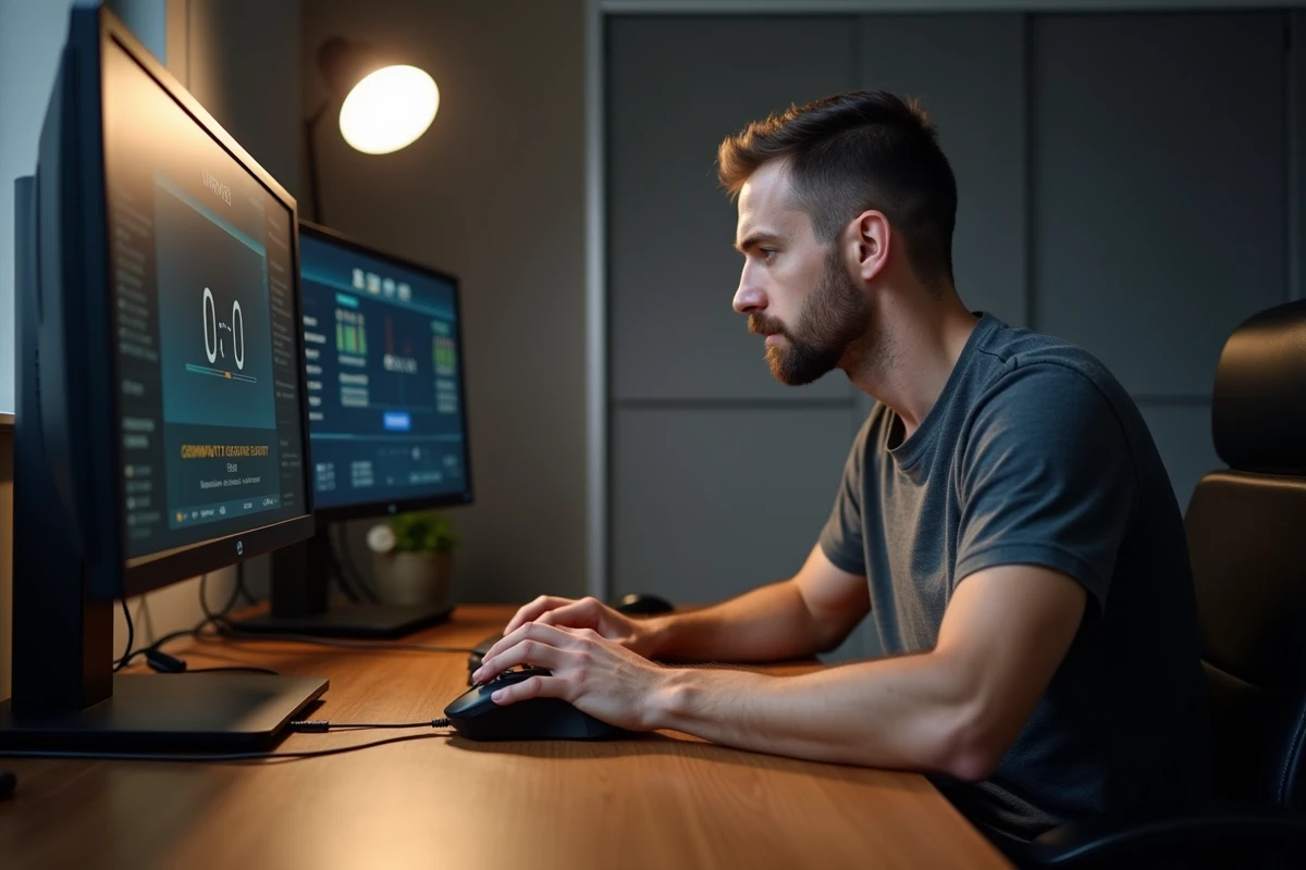 Homme concentré cliquant rapidement sur une souris gaming lors d'un test de vitesse de clic sur PC