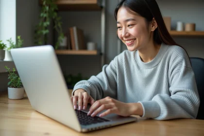 Femme utilisant la touche Maj sur un MacBook Pro pour saisir des chiffres sur clavier, bureau en bois moderne