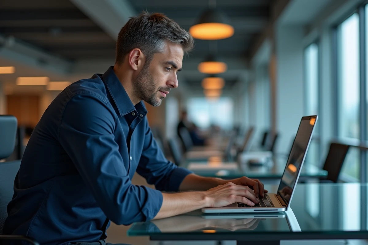 Homme en open space appuyant sur la touche Maj du MacBook pour taper des chiffres au clavier, bureau debout moderne