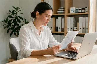 Femme traduisant des spécifications produits sur un ordinateur portable dans un bureau moderne et épuré