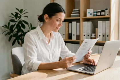 Femme traduisant des spécifications produits sur un ordinateur portable dans un bureau moderne et épuré