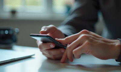 Main verrouillant un smartphone avec empreinte digitale sur bureau