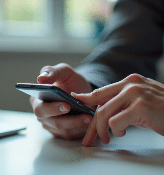 Main verrouillant un smartphone avec empreinte digitale sur bureau