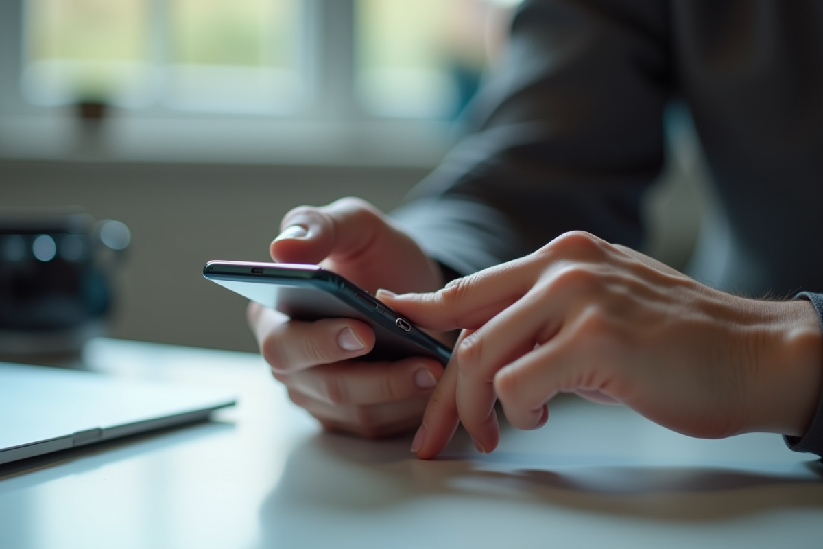 Main verrouillant un smartphone avec empreinte digitale sur bureau