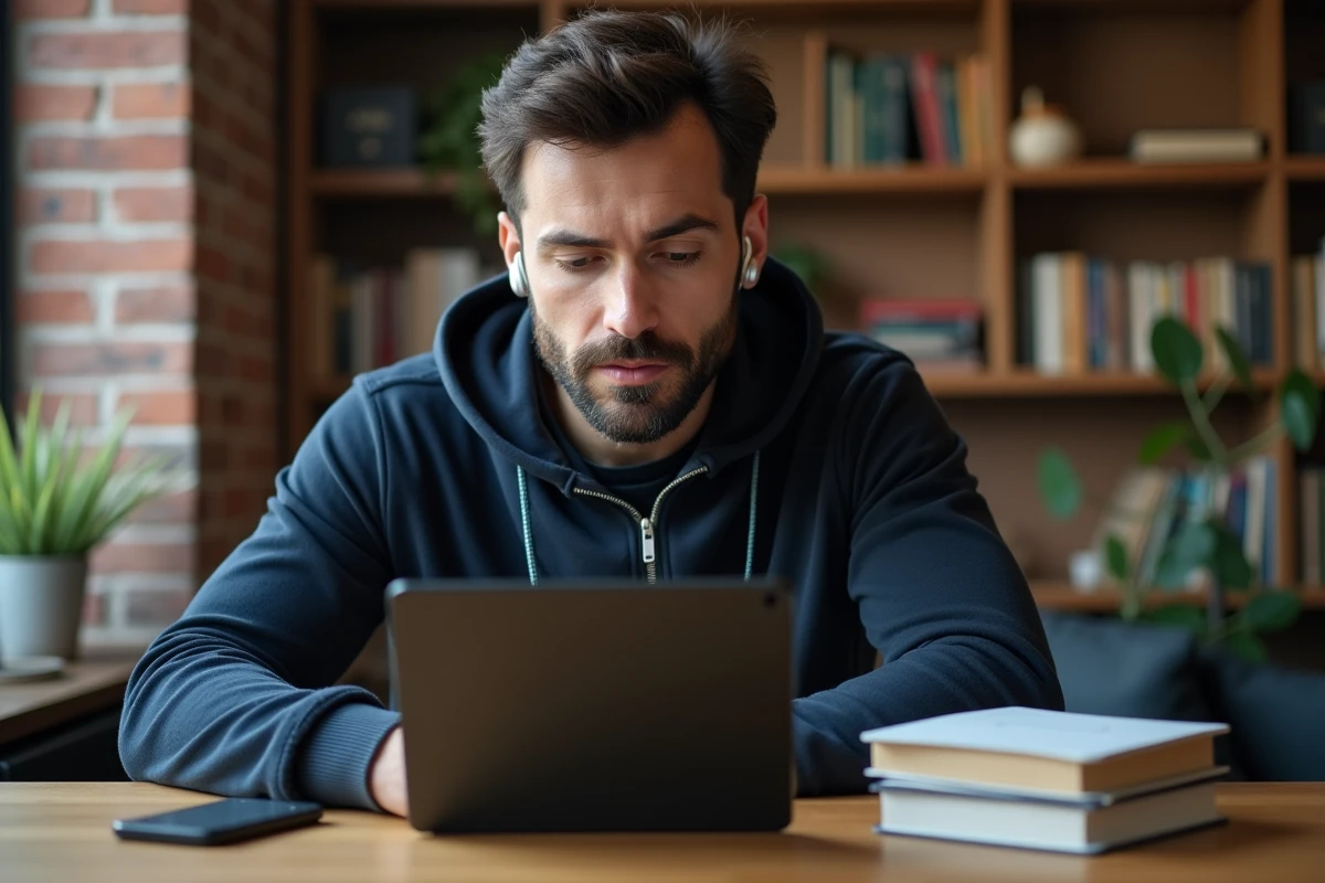Homme regardant des vidéos téléchargées sur tablette dans un bureau à domicile avec étagère en bois