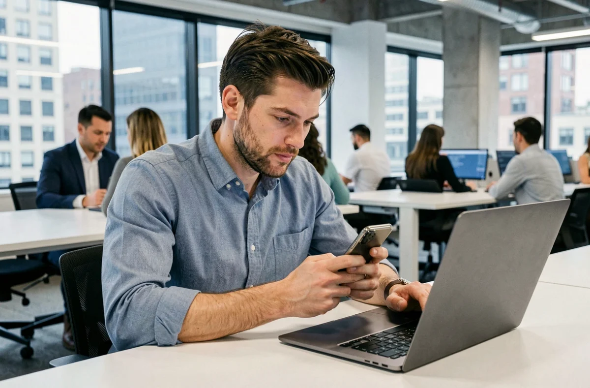 Homme consultant anonymement les stories Instagram d'un collègue sur son téléphone pendant une pause au bureau