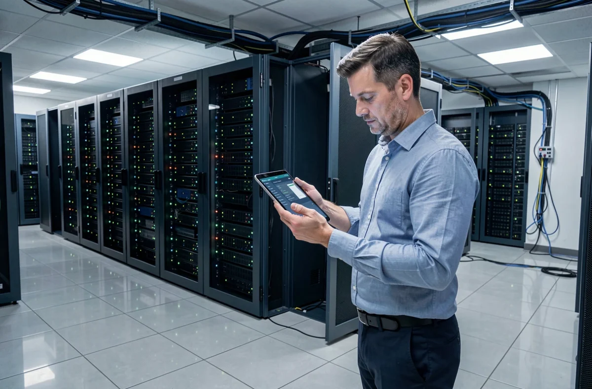 Professionnel de Weba Infogérance supervisant la maintenance informatique d'une infrastructure serveur pour des entreprises