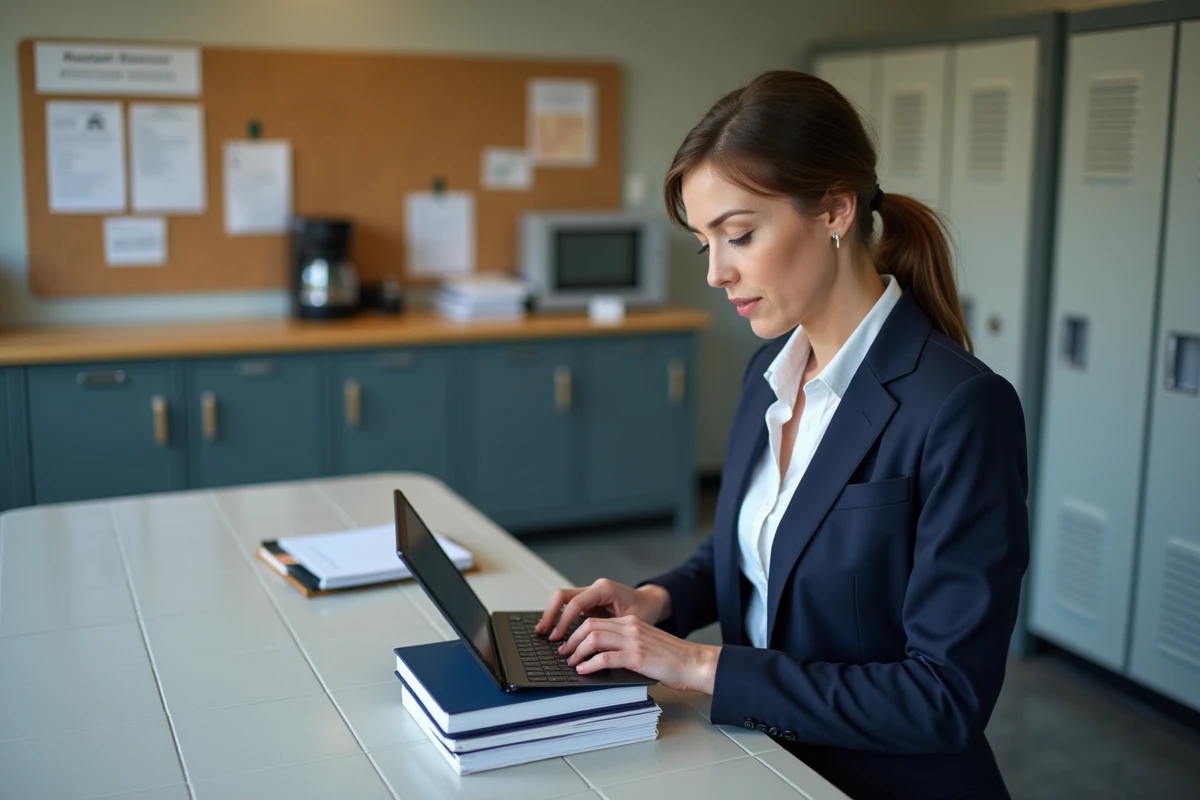 Enseignante consultant l'interface webmail de l'académie de Grenoble sur une tablette dans la salle des professeurs