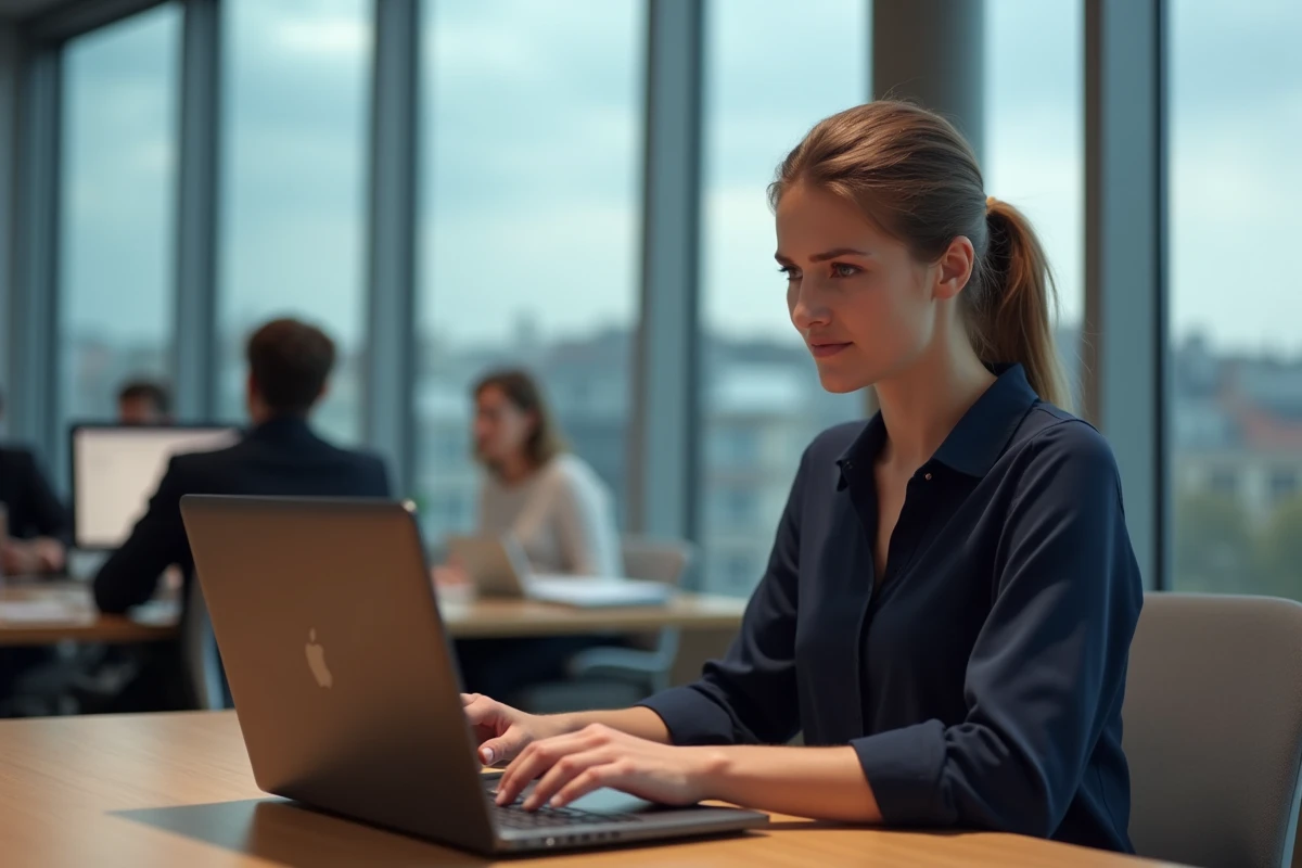 Femme frustrée devant un écran d'ordinateur portable affichant une page d'erreur de webmail dans un bureau moderne à Lille
